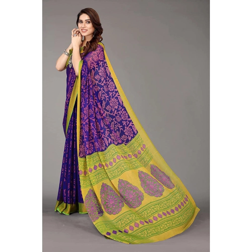 Women's Viscose Rayon Printed Saree With Unstitched Blouse (Blue) - VANSHELLE