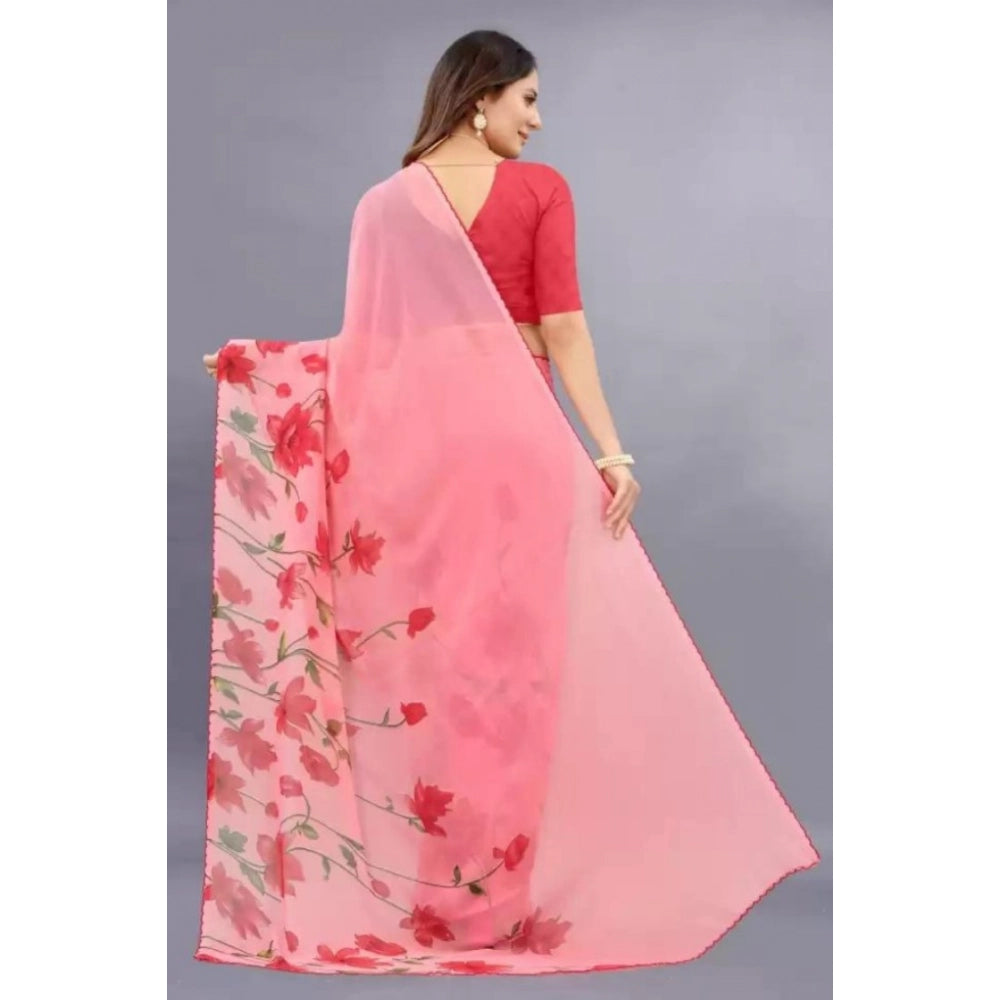 Women's Georgette Printed Saree With Unstitched Blouse (Red) - VANSHELLE