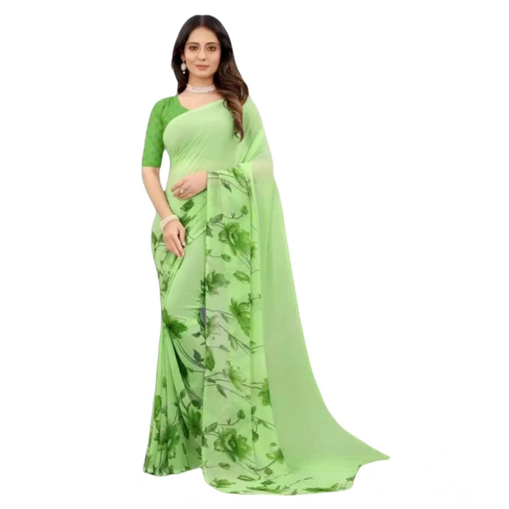 Women's Georgette Printed Saree With Unstitched Blouse (Green) - VANSHELLE