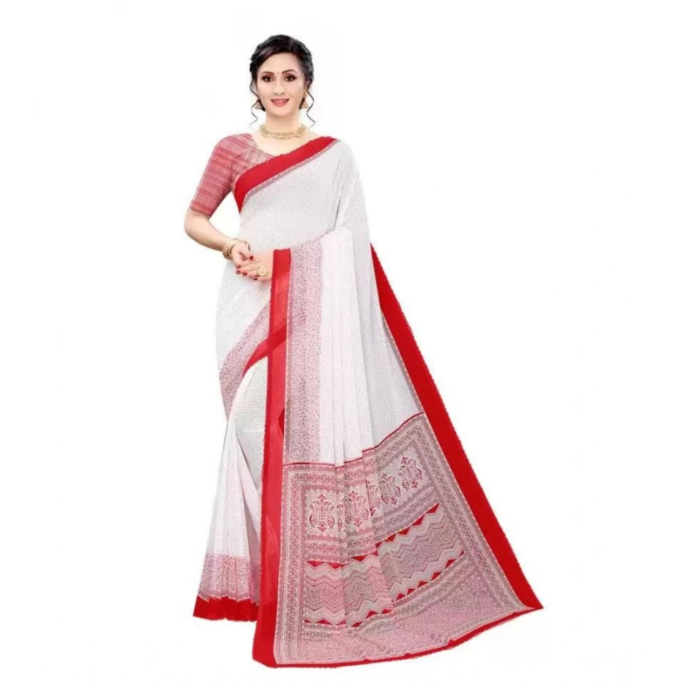 Women's Georgette Printed Saree With Unstitched Blouse (Red) - VANSHELLE