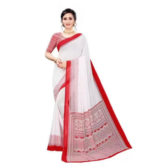 Women's Georgette Printed Saree With Unstitched Blouse (Red) - VANSHELLE