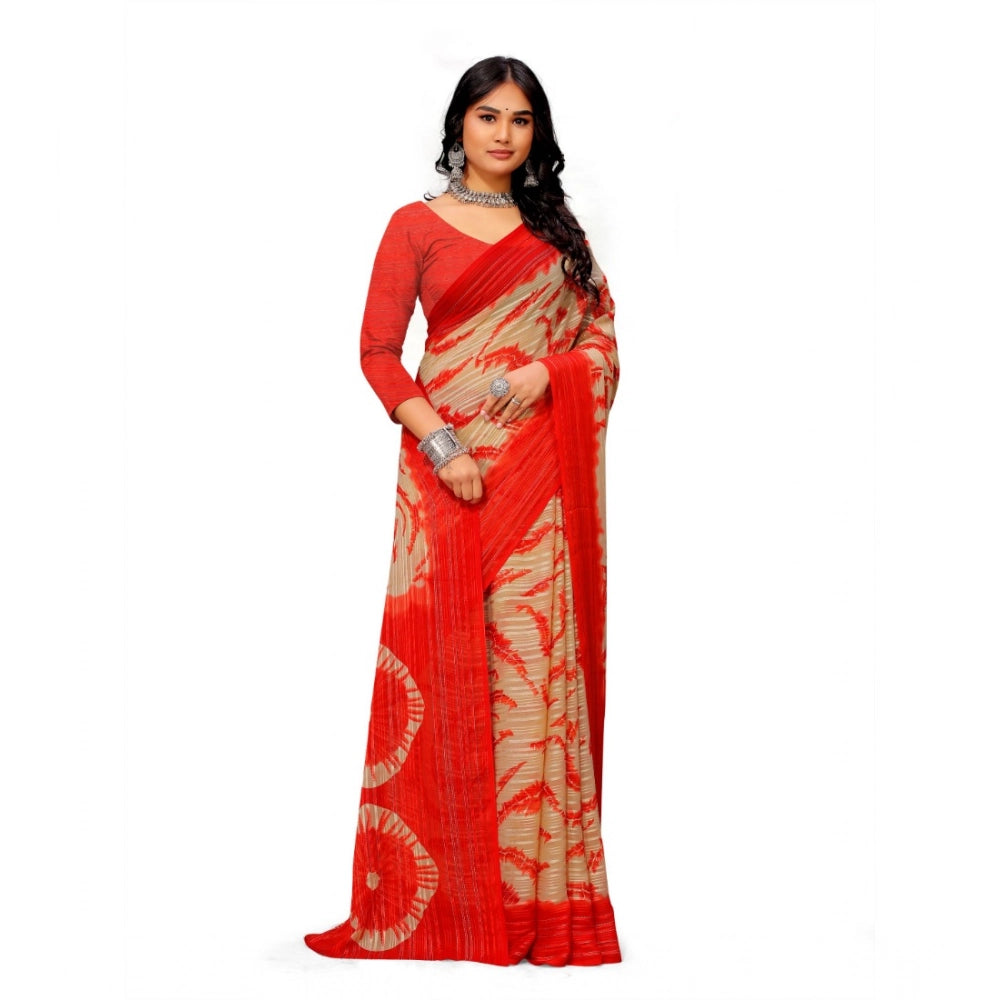 Women's Georgette Printed Saree With Unstitched Blouse (Red) - VANSHELLE