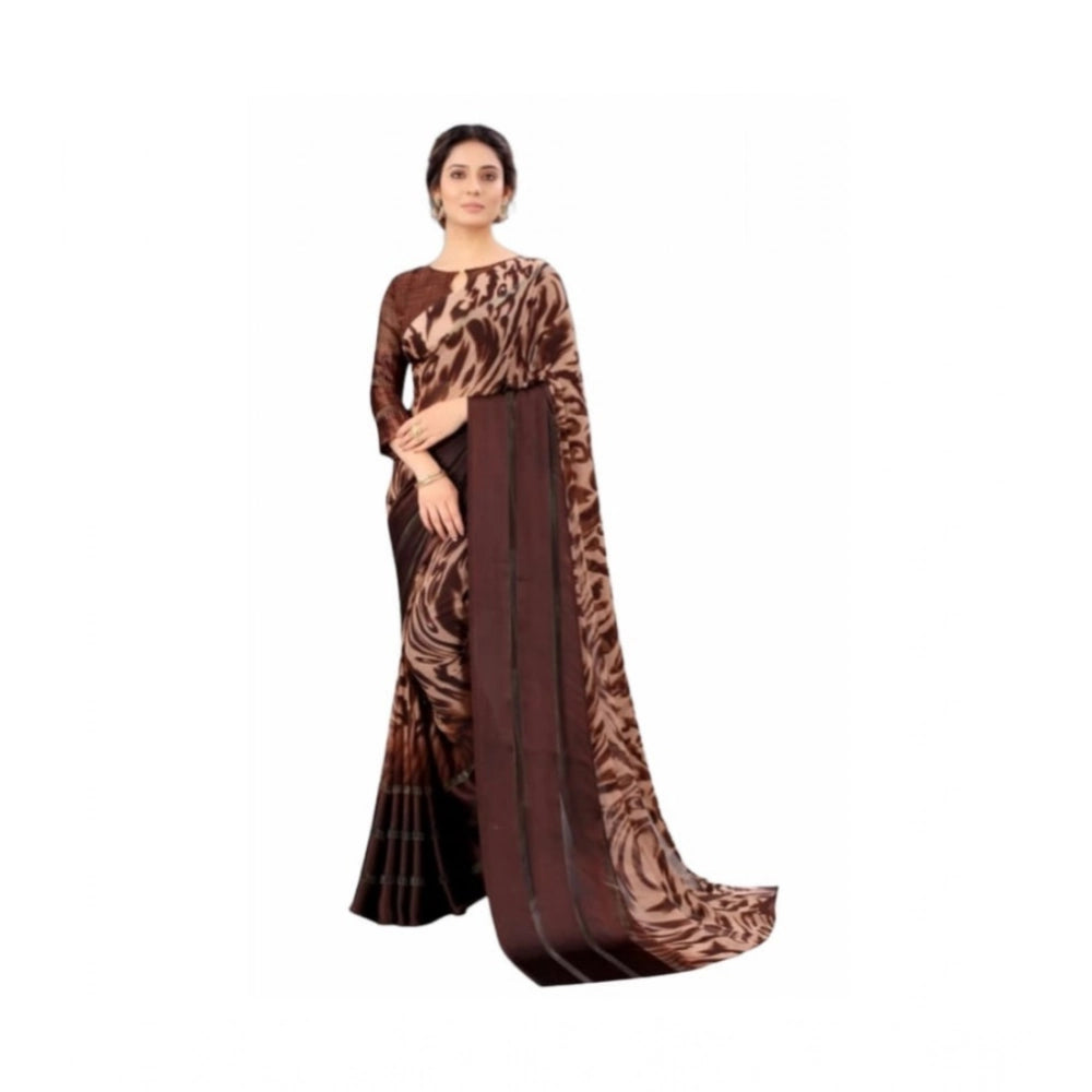 Women's Satin Patta Printed Saree With Unstitched Blouse (Brown) - VANSHELLE