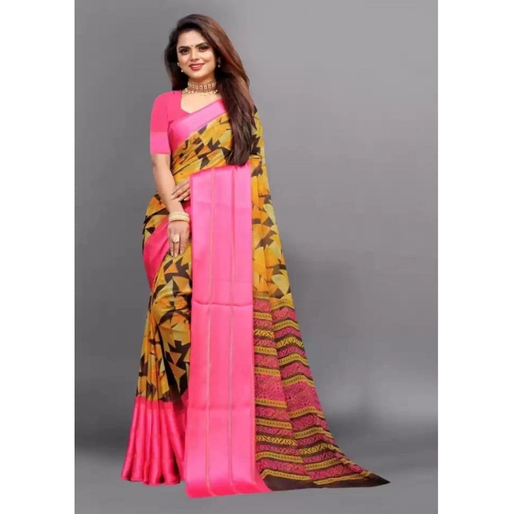 Women's Satin Patta Printed Saree With Unstitched Blouse (Pink) - VANSHELLE