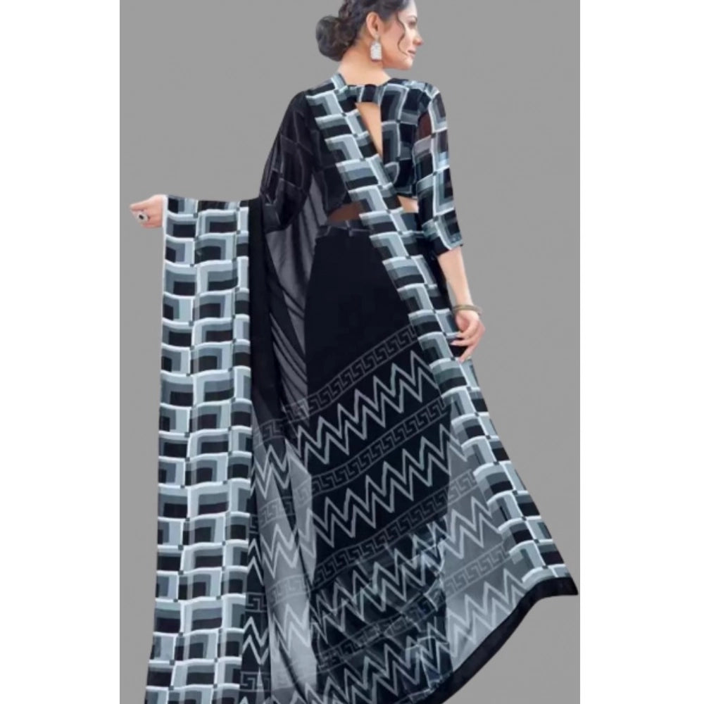 Women's Satin Patta Printed Saree With Unstitched Blouse (Black) - VANSHELLE