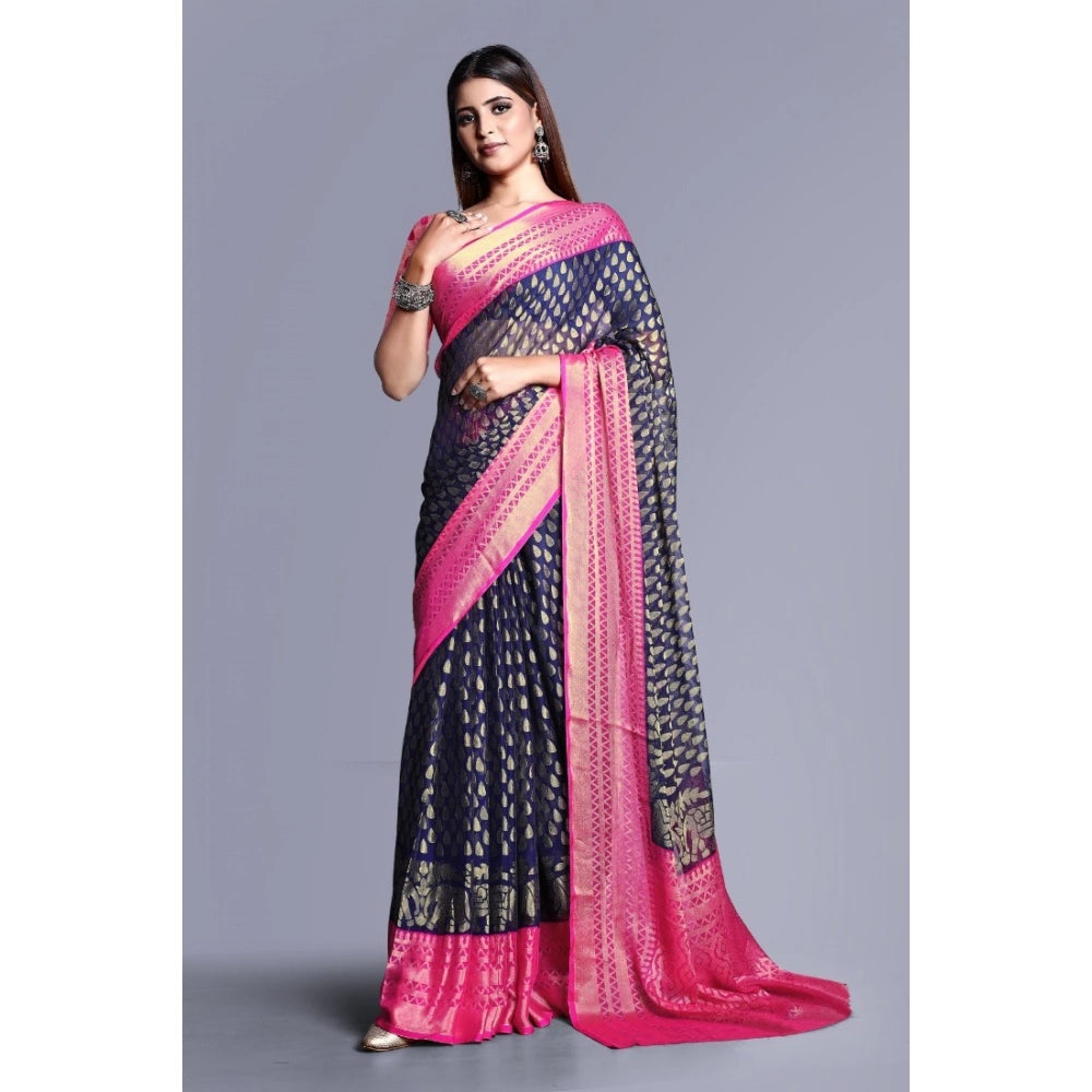 Women's Viscose Rayon Printed Saree With Unstitched Blouse (Navy Blue) - VANSHELLE