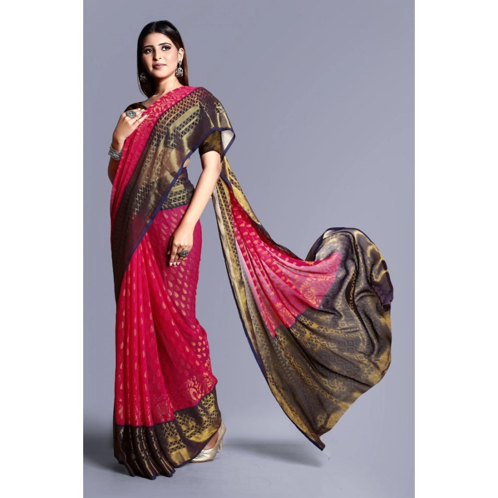 Women's Viscose Rayon Printed Saree With Unstitched Blouse (Pink) - VANSHELLE