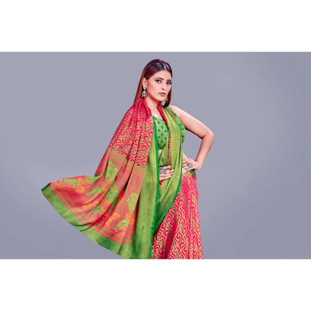 Women's Viscose Rayon Printed Saree With Unstitched Blouse (Pink) - VANSHELLE