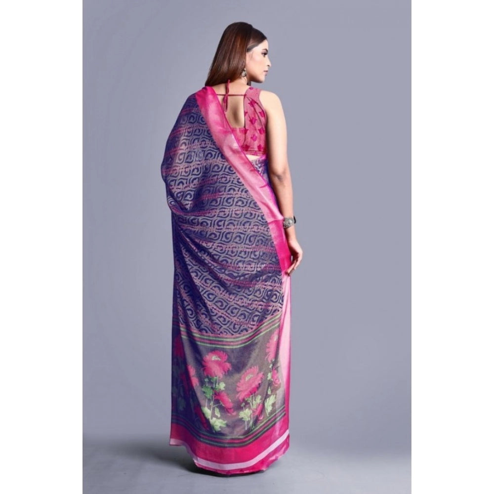 Women's Viscose Rayon Printed Saree With Unstitched Blouse (Navy Blue) - VANSHELLE