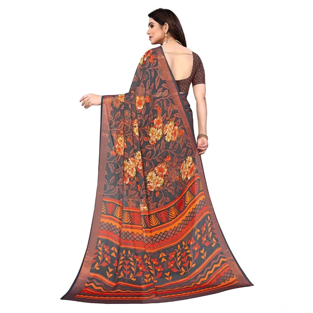 Women's Viscose Rayon Printed Saree With Unstitched Blouse (Grey) - VANSHELLE