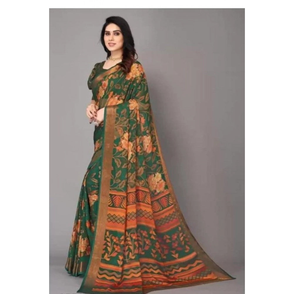 Women's Viscose Rayon Printed Saree With Unstitched Blouse (Green) - VANSHELLE