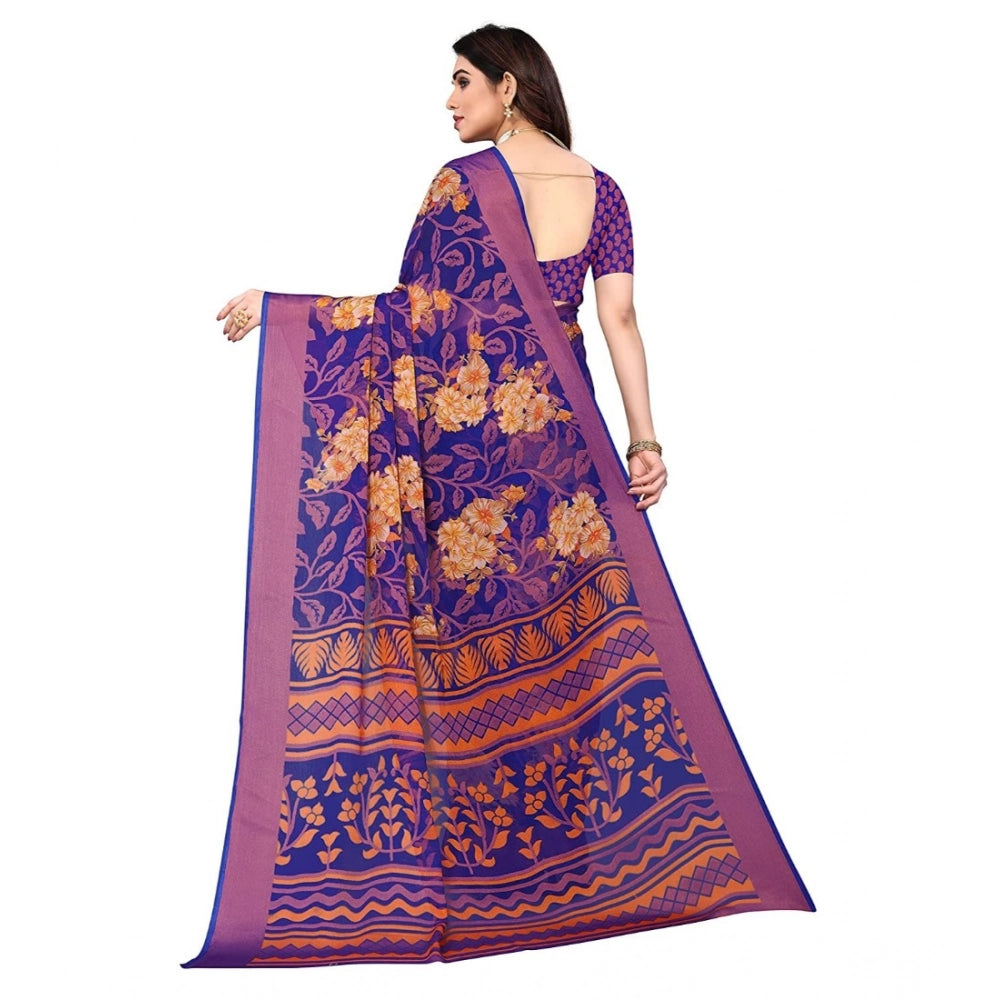 Women's Viscose Rayon Printed Saree With Unstitched Blouse (Blue) - VANSHELLE