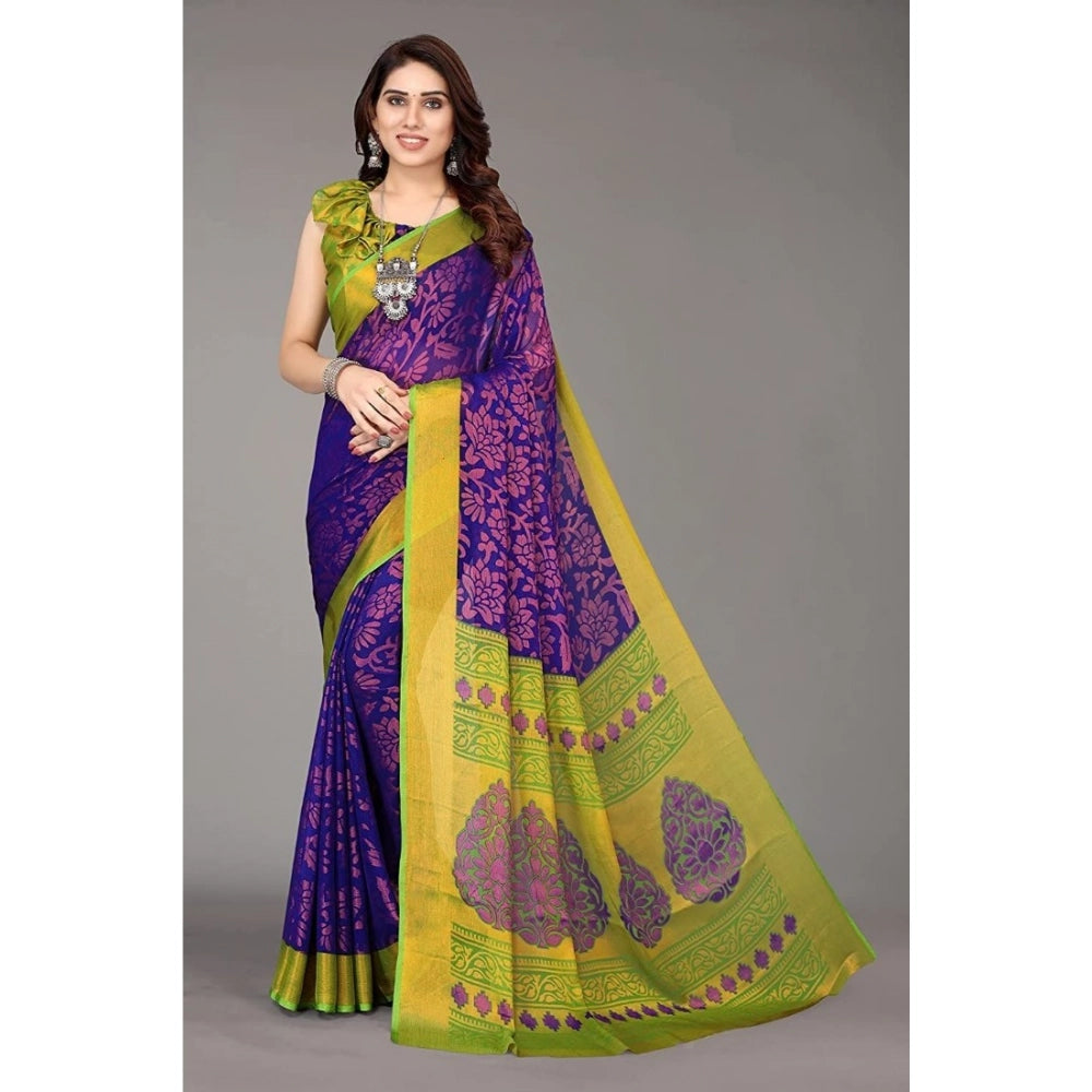 Women's Viscose Rayon Printed Saree With Unstitched Blouse (Blue) - VANSHELLE