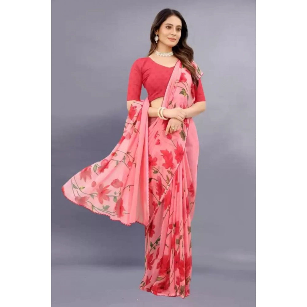 Women's Georgette Printed Saree With Unstitched Blouse (Red) - VANSHELLE