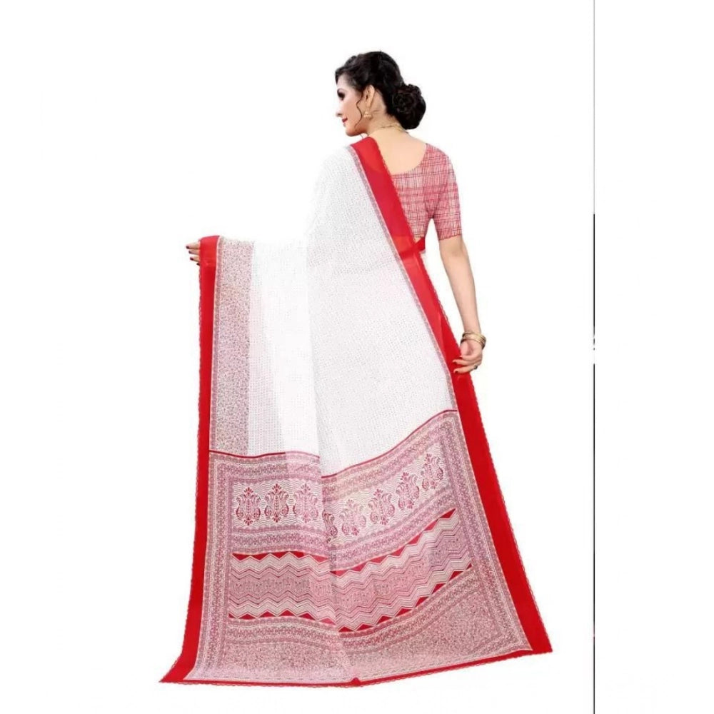 Women's Georgette Printed Saree With Unstitched Blouse (Red) - VANSHELLE