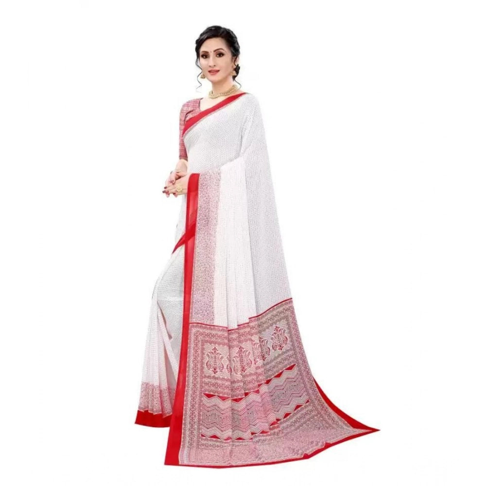 Women's Georgette Printed Saree With Unstitched Blouse (Red) - VANSHELLE