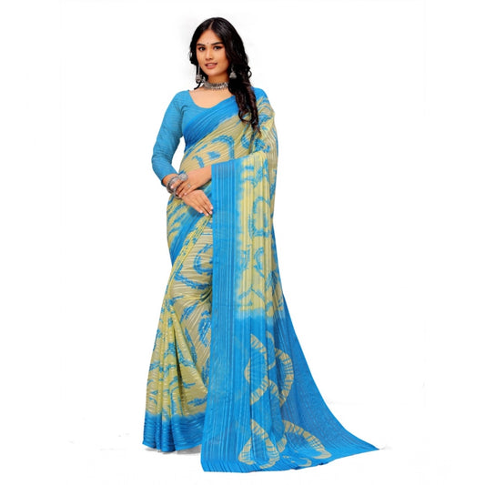 Women's Georgette Printed Saree With Unstitched Blouse (Skyblue) - VANSHELLE