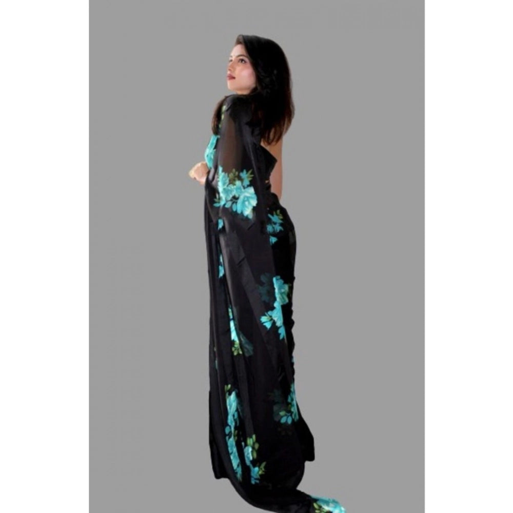 Women's Satin Patta Printed Saree With Unstitched Blouse (Blue) - VANSHELLE