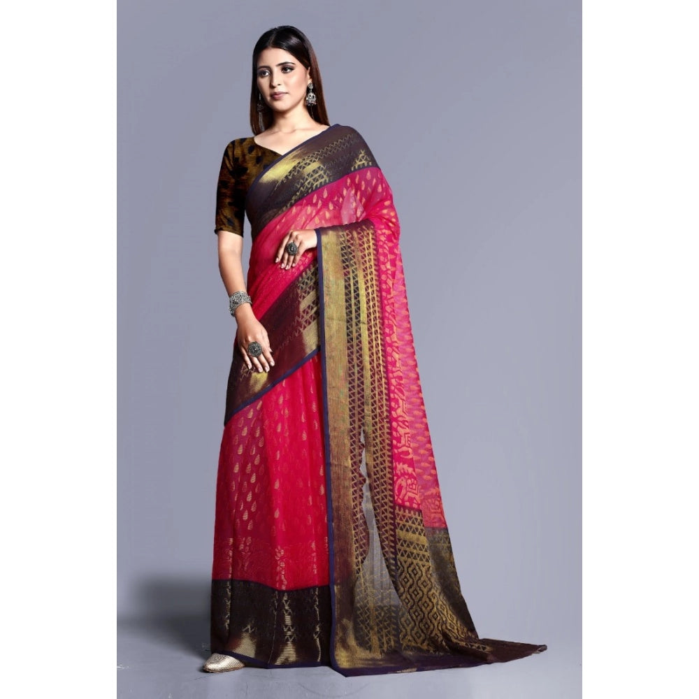 Women's Viscose Rayon Printed Saree With Unstitched Blouse (Pink) - VANSHELLE
