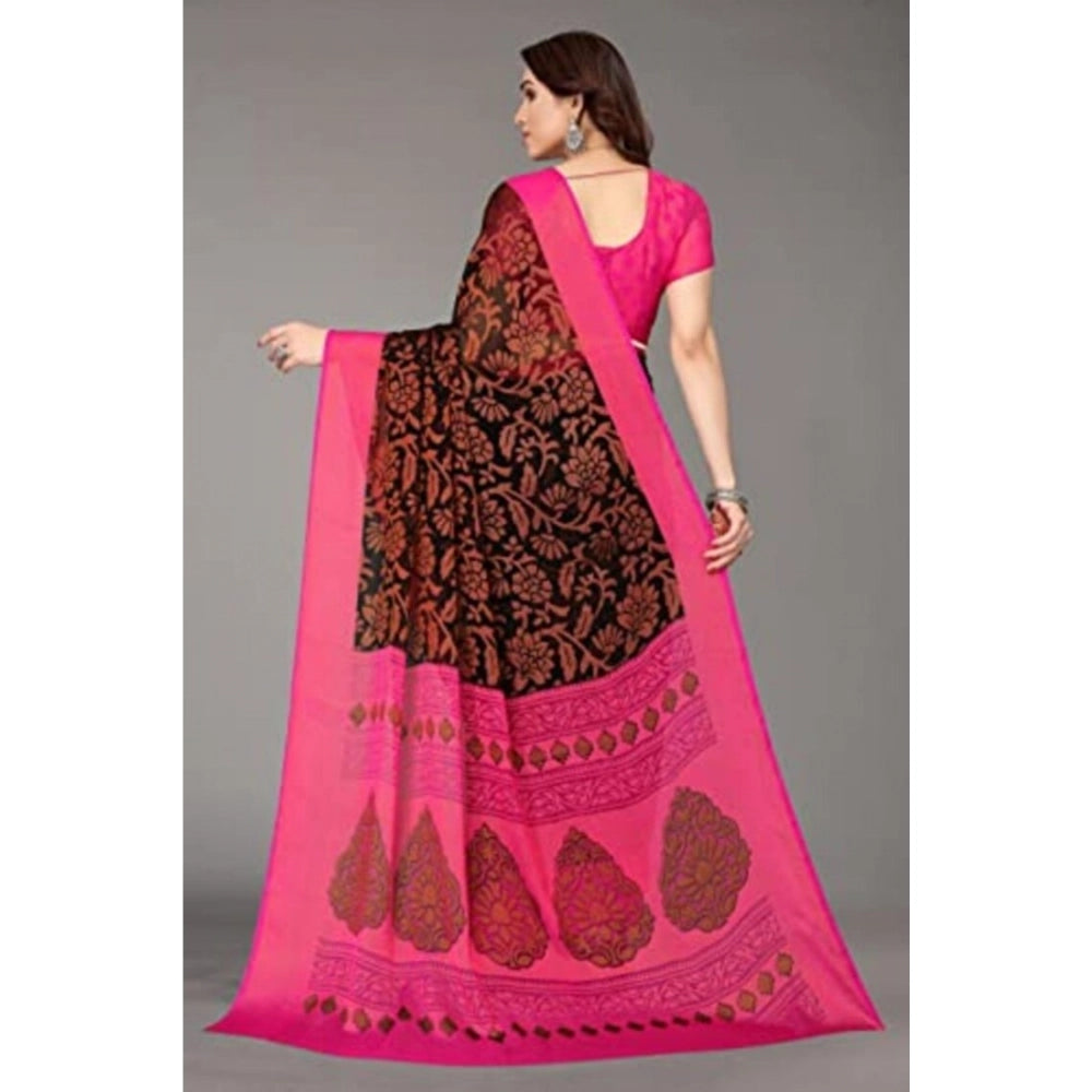 Women's Viscose Rayon Printed Saree With Unstitched Blouse (Black) - VANSHELLE