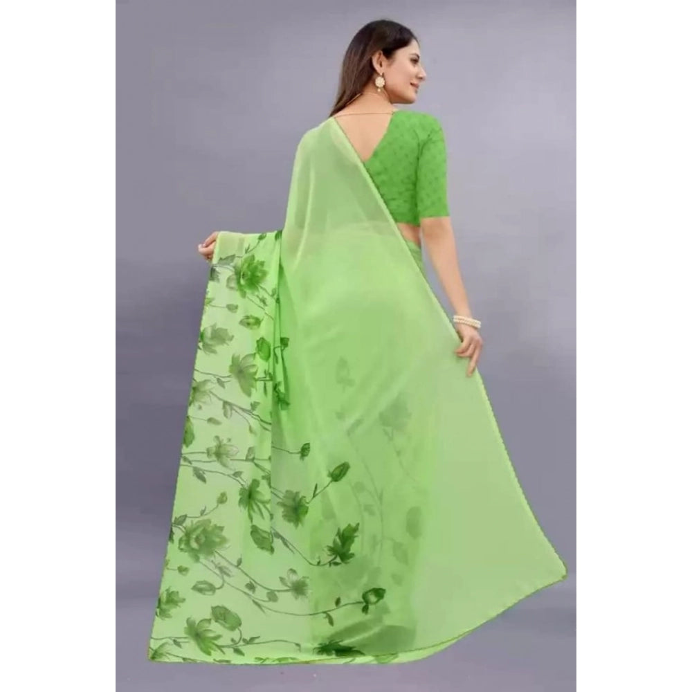 Women's Georgette Printed Saree With Unstitched Blouse (Green) - VANSHELLE