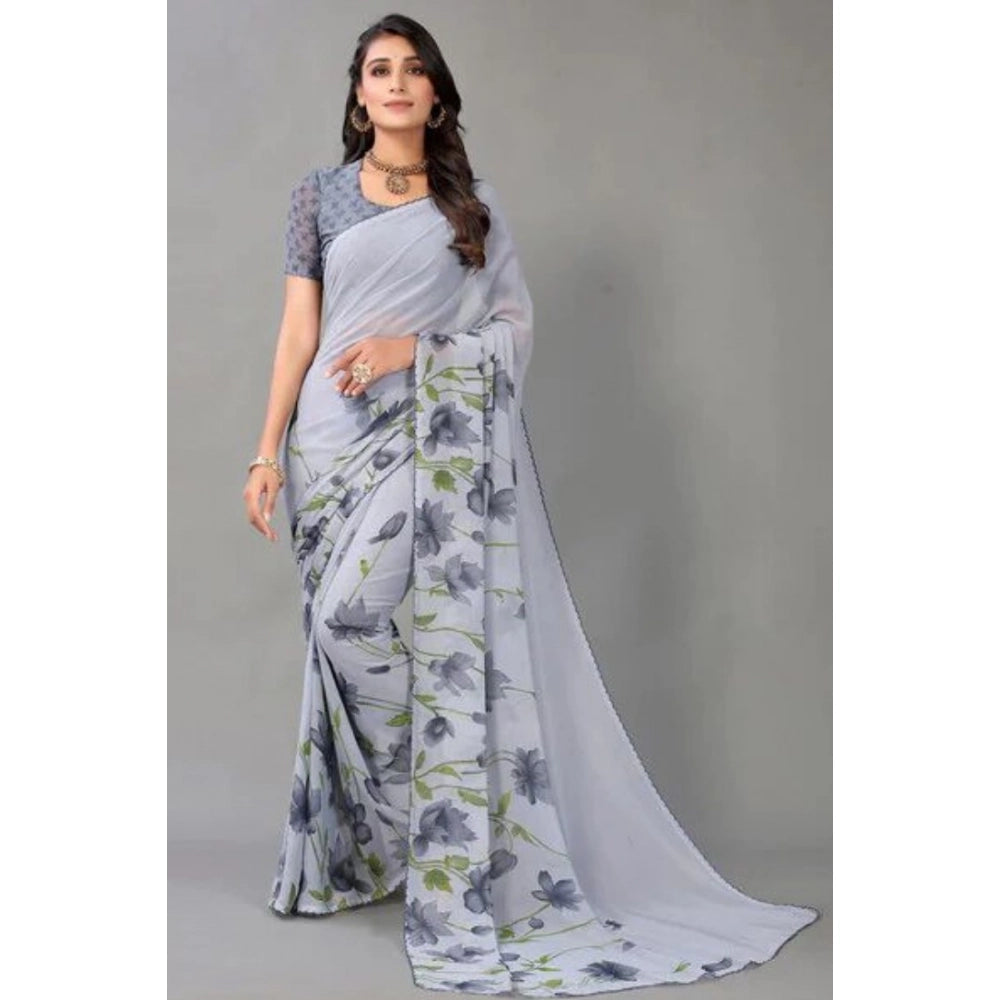 Women's Georgette Printed Saree With Unstitched Blouse (Grey) - VANSHELLE