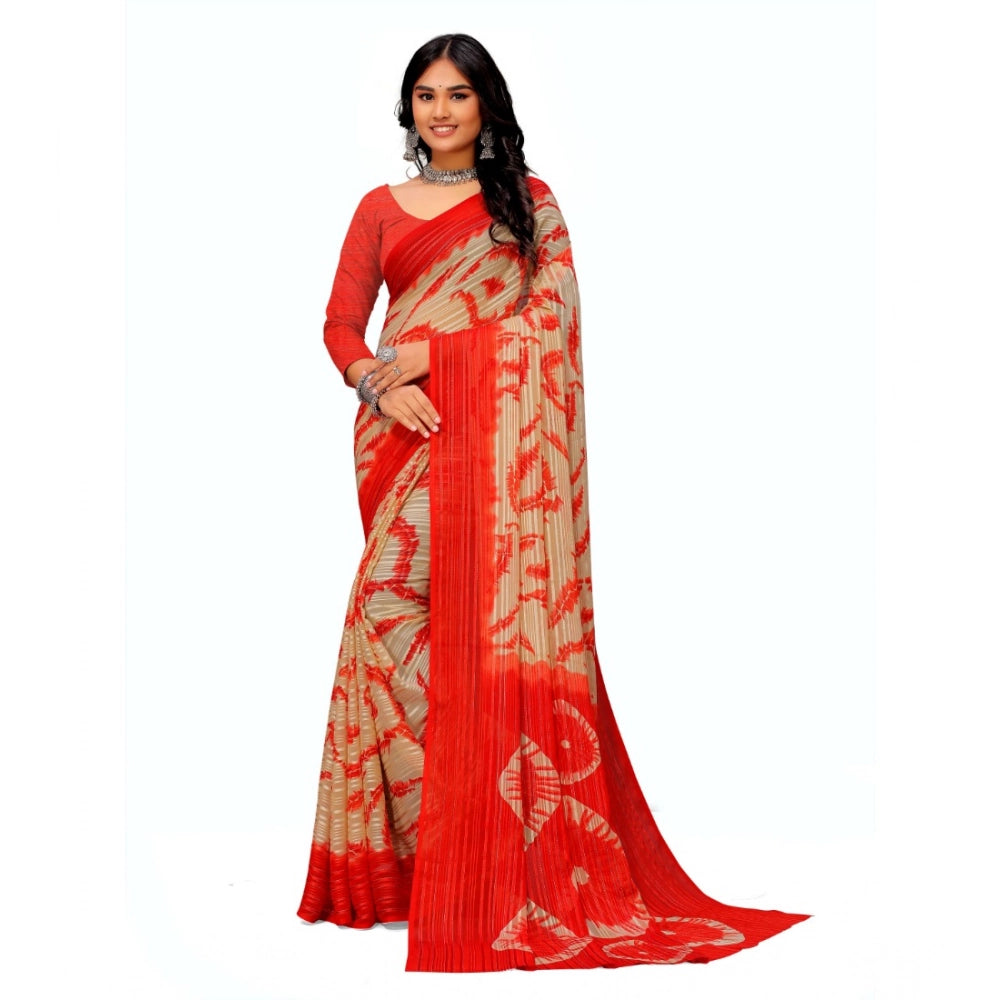 Women's Georgette Printed Saree With Unstitched Blouse (Red) - VANSHELLE