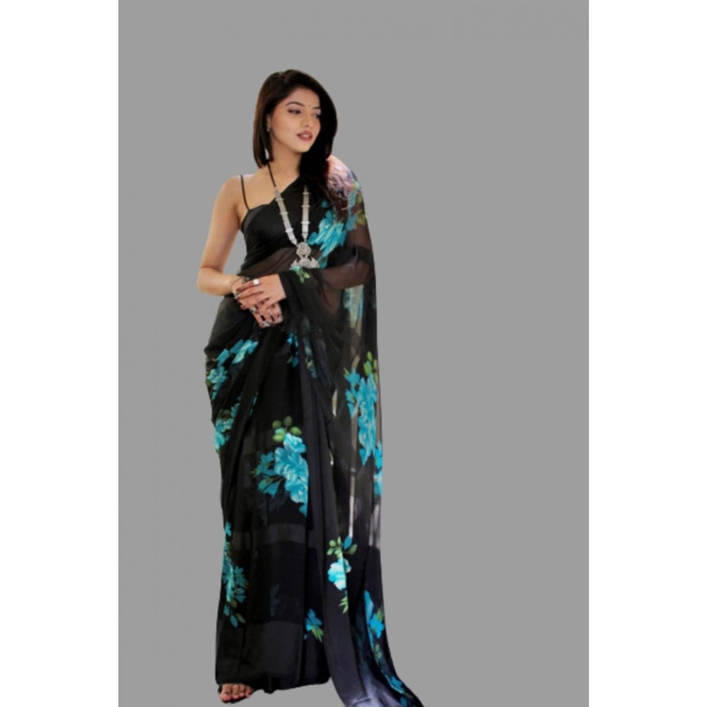 Women's Satin Patta Printed Saree With Unstitched Blouse (Blue) - VANSHELLE