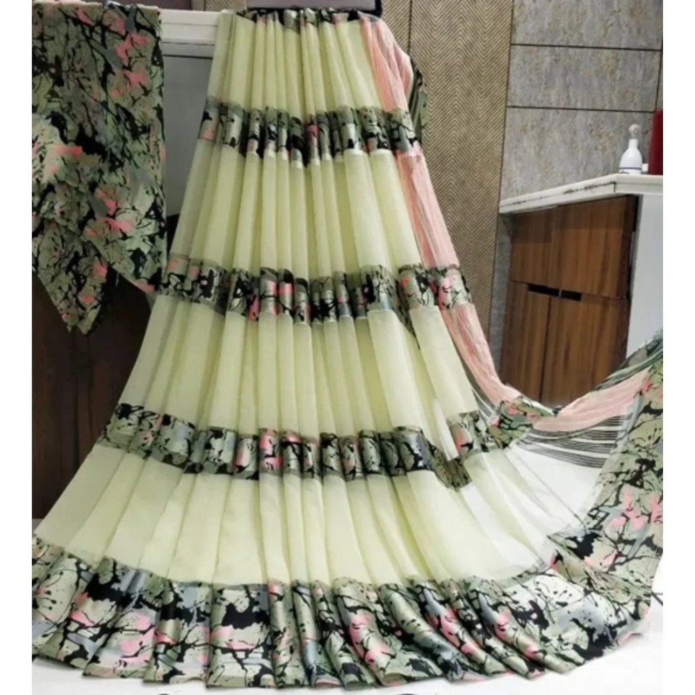 Women's Satin Patta Printed Saree With Unstitched Blouse (Cream) - VANSHELLE