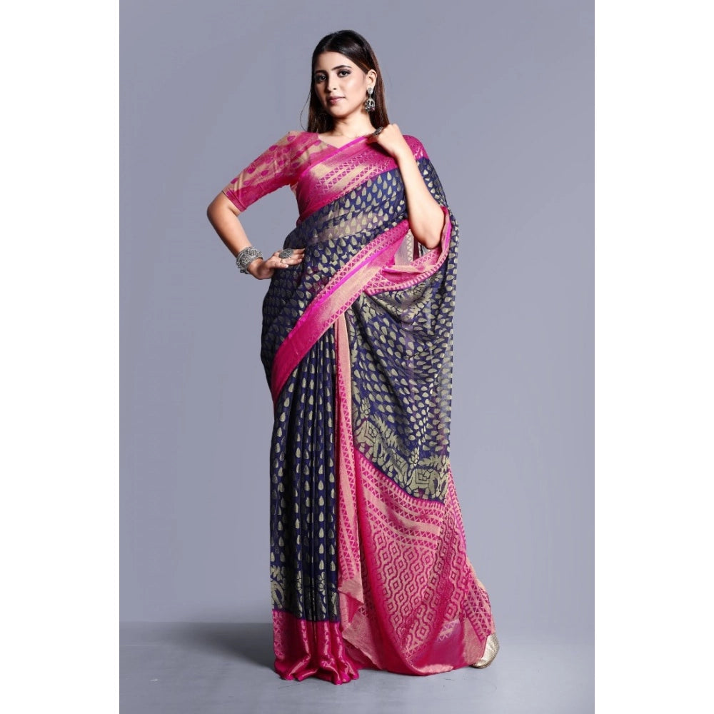 Women's Viscose Rayon Printed Saree With Unstitched Blouse (Navy Blue) - VANSHELLE