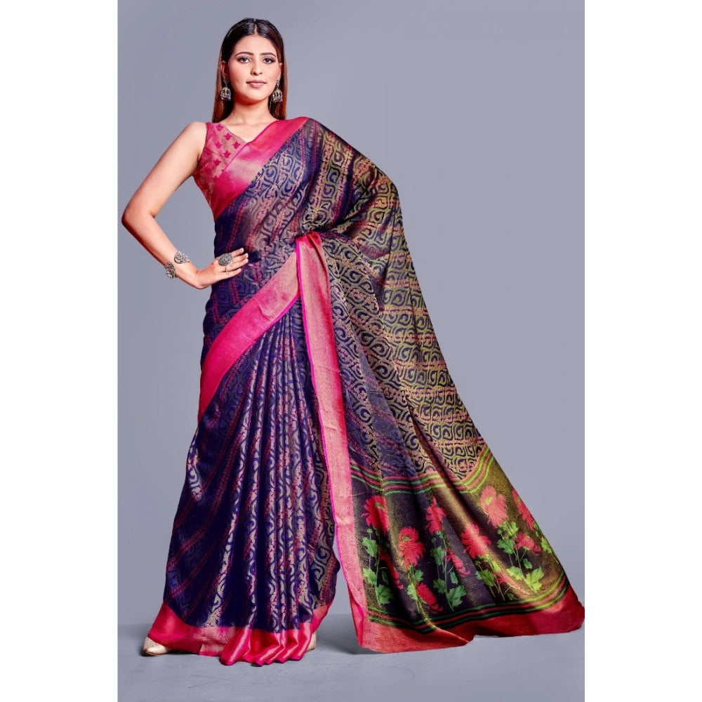 Women's Viscose Rayon Printed Saree With Unstitched Blouse (Navy Blue) - VANSHELLE