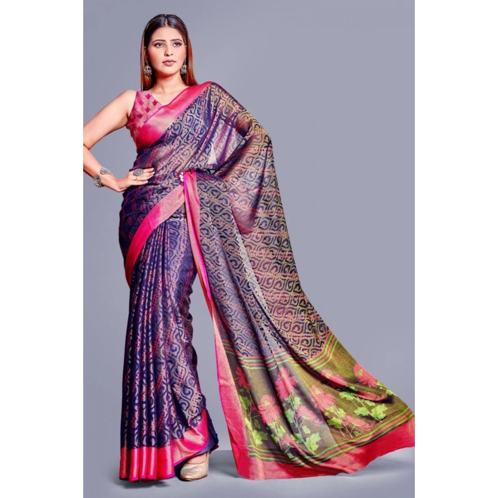 Women's Viscose Rayon Printed Saree With Unstitched Blouse (Navy Blue) - VANSHELLE