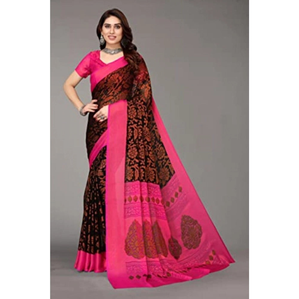 Women's Viscose Rayon Printed Saree With Unstitched Blouse (Black) - VANSHELLE