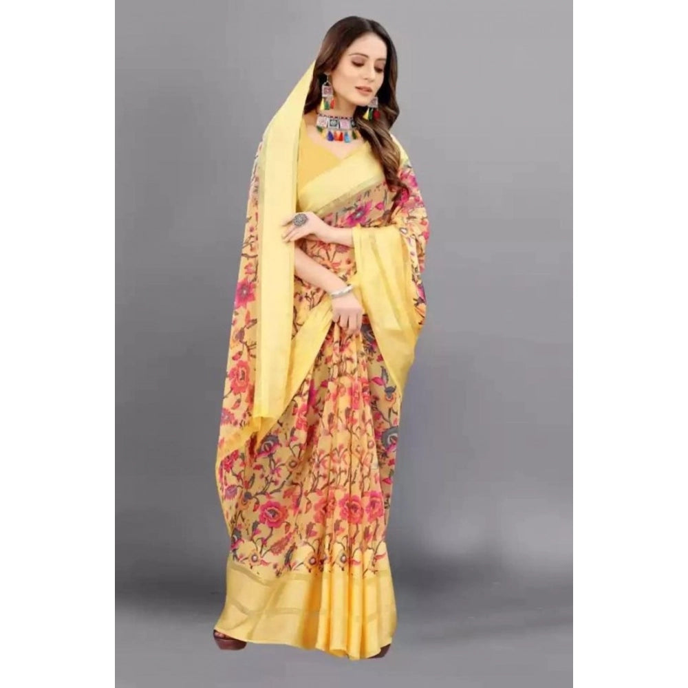 Women's Satin Patta Printed Saree With Unstitched Blouse (Yellow) - VANSHELLE