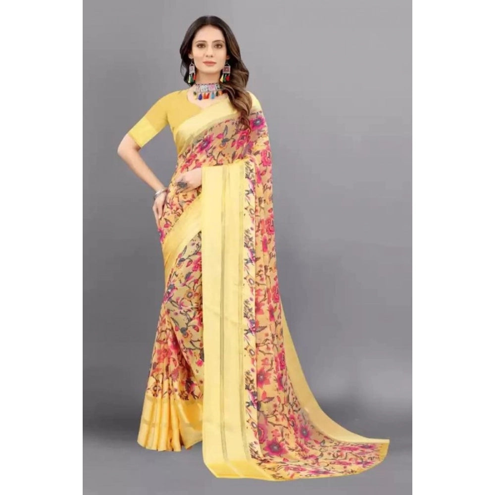 Women's Satin Patta Printed Saree With Unstitched Blouse (Yellow) - VANSHELLE