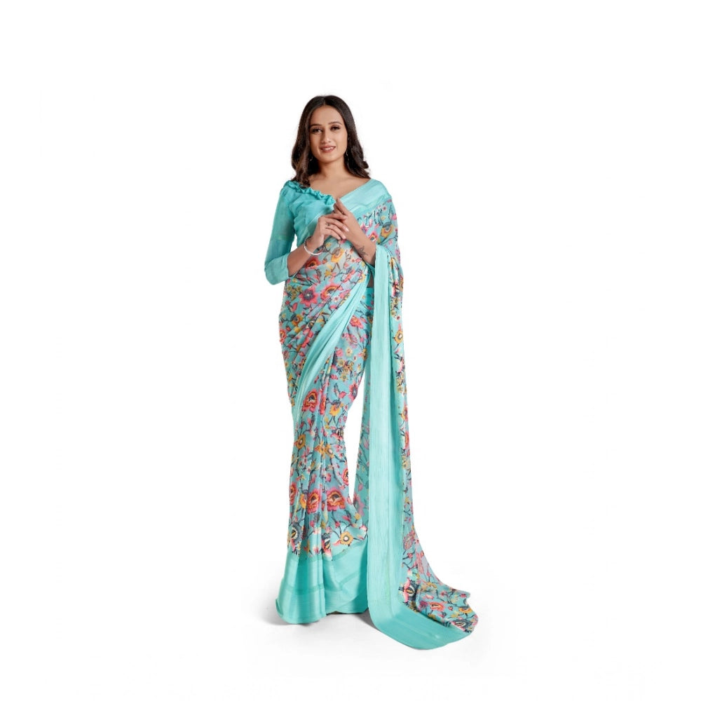 Women's Satin Patta Printed Saree With Unstitched Blouse (Skyblue) - VANSHELLE