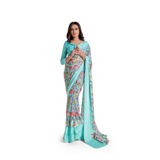 Women's Satin Patta Printed Saree With Unstitched Blouse (Skyblue) - VANSHELLE