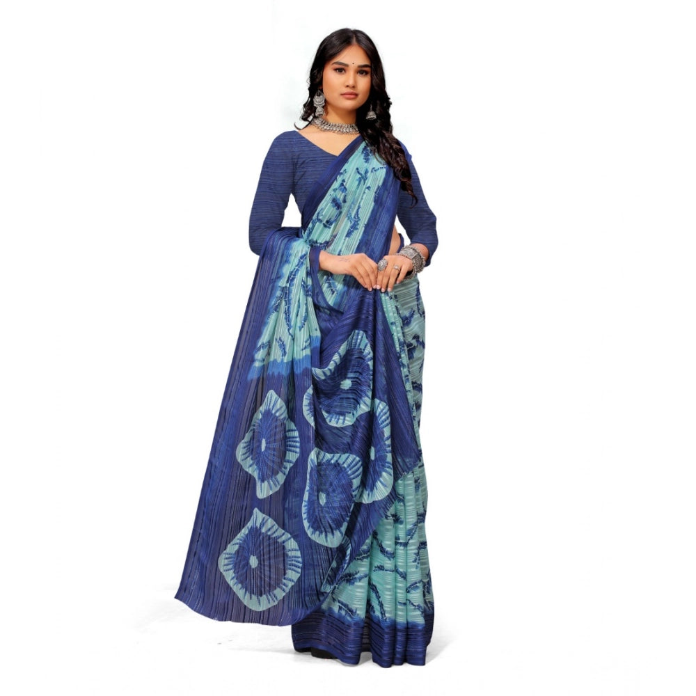 Women's Georgette Printed Saree With Unstitched Blouse (Blue) - VANSHELLE