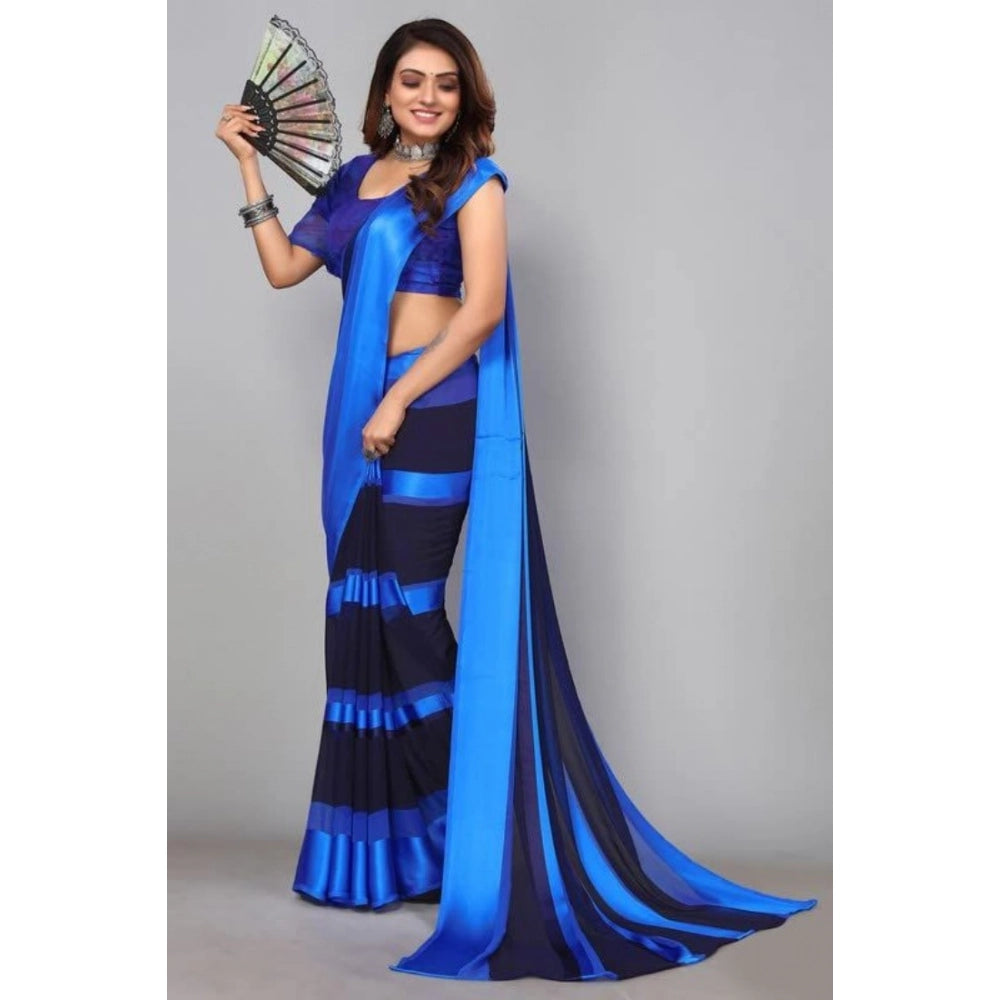 Women's Satin Patta Printed Saree With Unstitched Blouse (Skyblue) - VANSHELLE