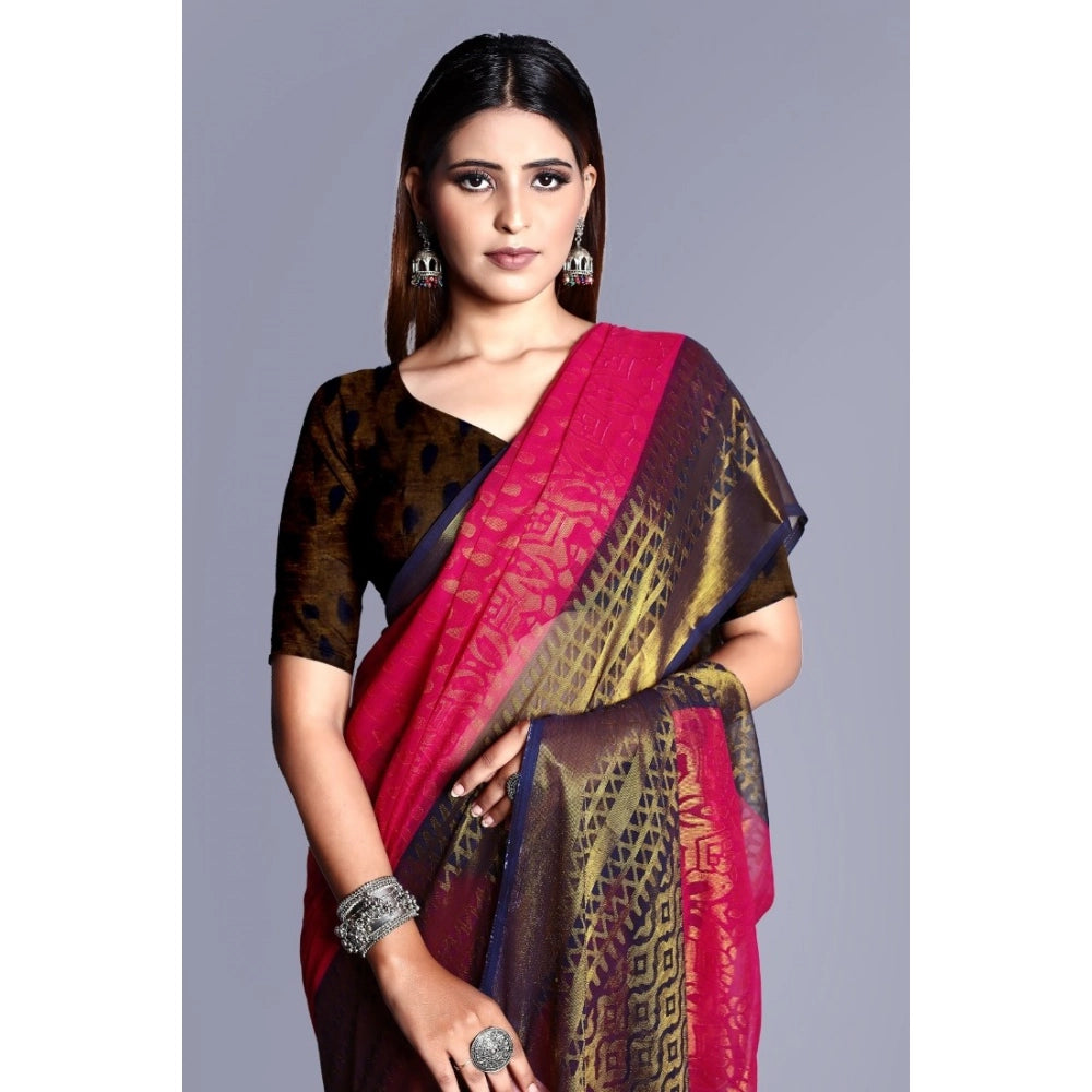 Women's Viscose Rayon Printed Saree With Unstitched Blouse (Pink) - VANSHELLE