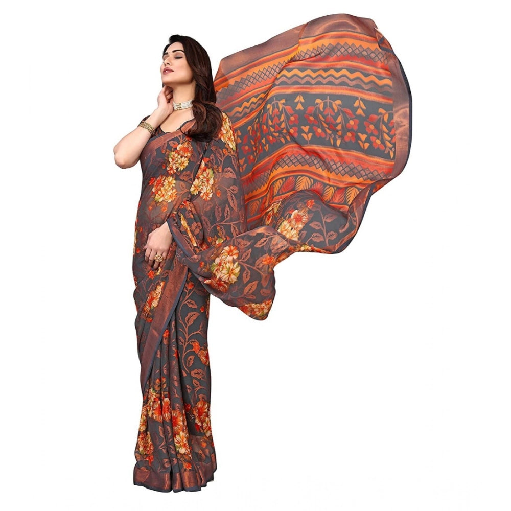 Women's Viscose Rayon Printed Saree With Unstitched Blouse (Grey) - VANSHELLE