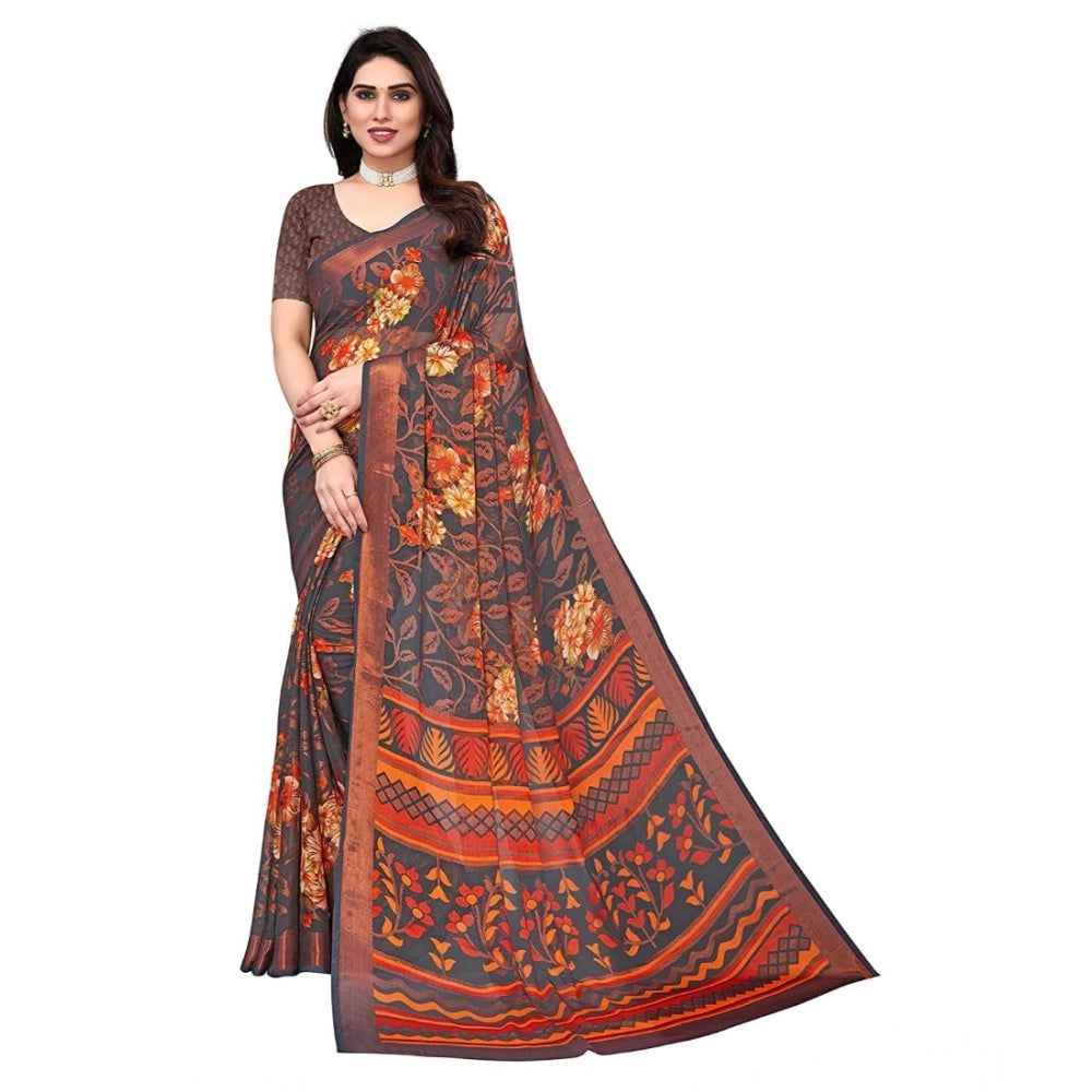 Women's Viscose Rayon Printed Saree With Unstitched Blouse (Grey) - VANSHELLE