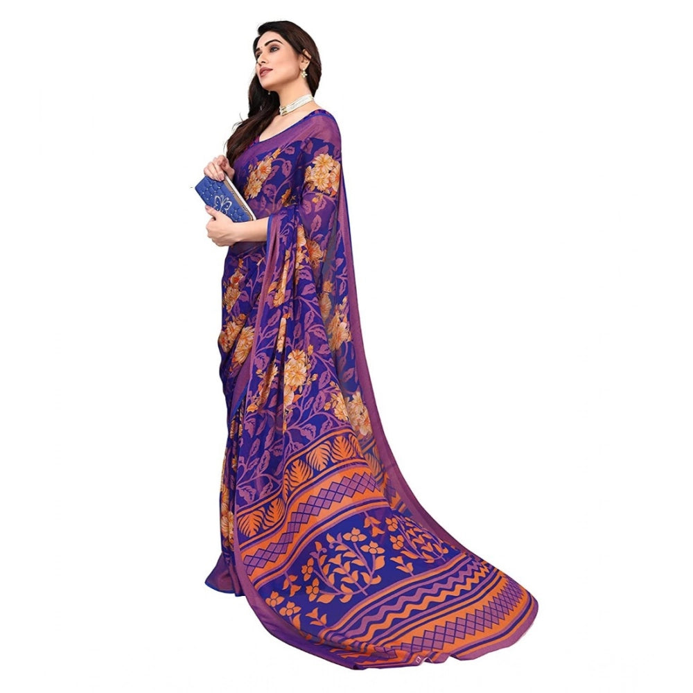 Women's Viscose Rayon Printed Saree With Unstitched Blouse (Blue) - VANSHELLE