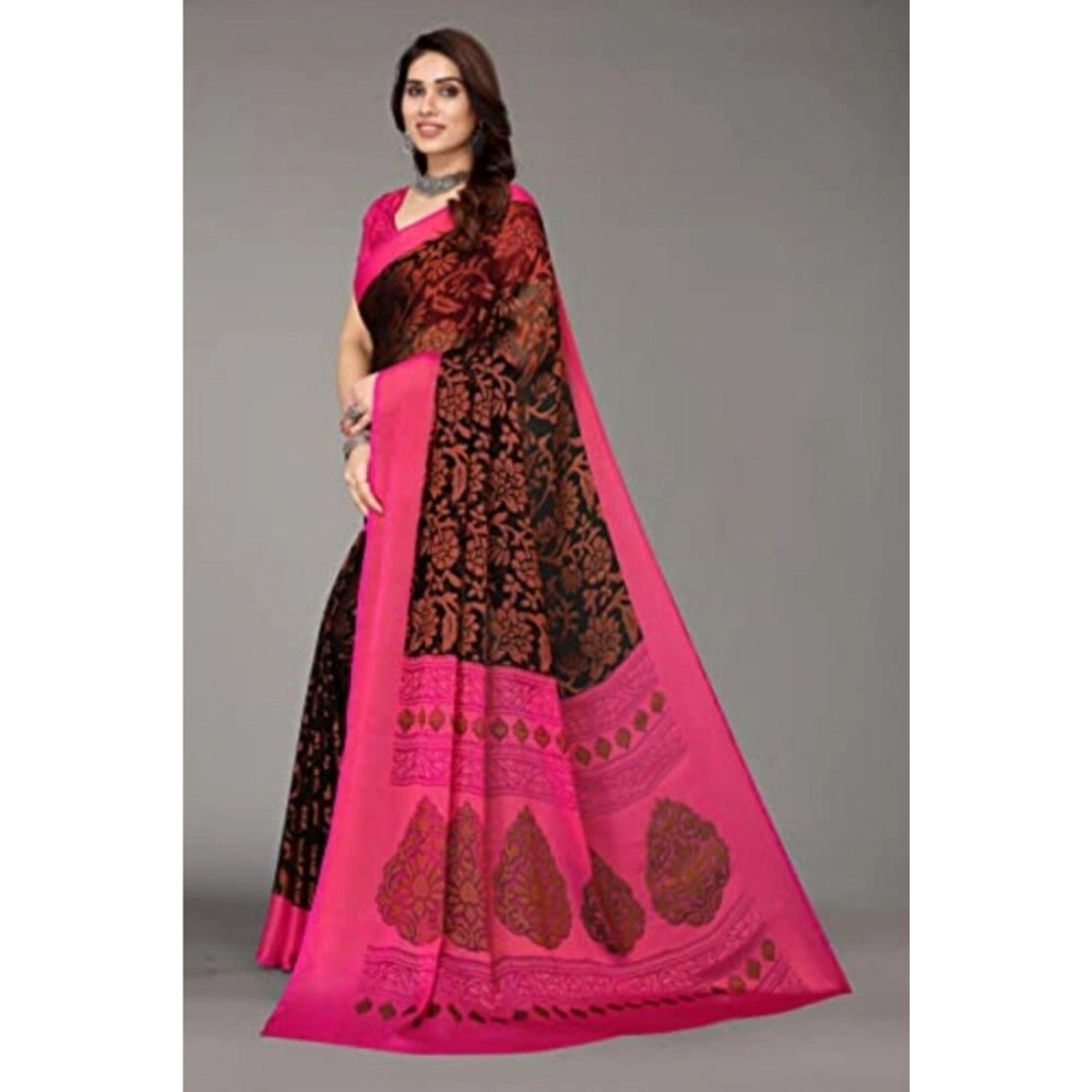 Women's Viscose Rayon Printed Saree With Unstitched Blouse (Black) - VANSHELLE