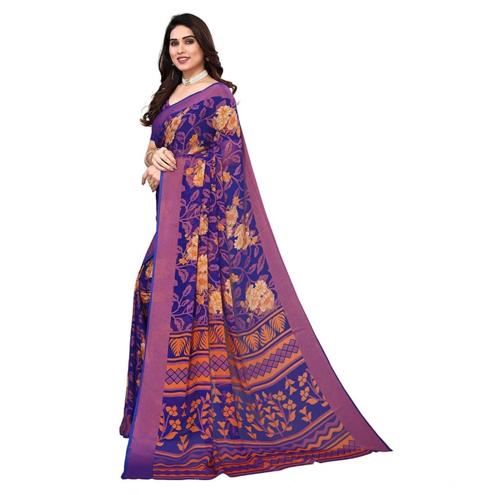 Women's Viscose Rayon Printed Saree With Unstitched Blouse (Blue) - VANSHELLE