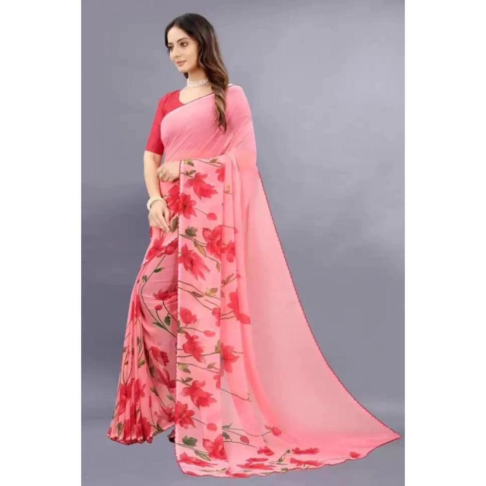 Women's Georgette Printed Saree With Unstitched Blouse (Red) - VANSHELLE
