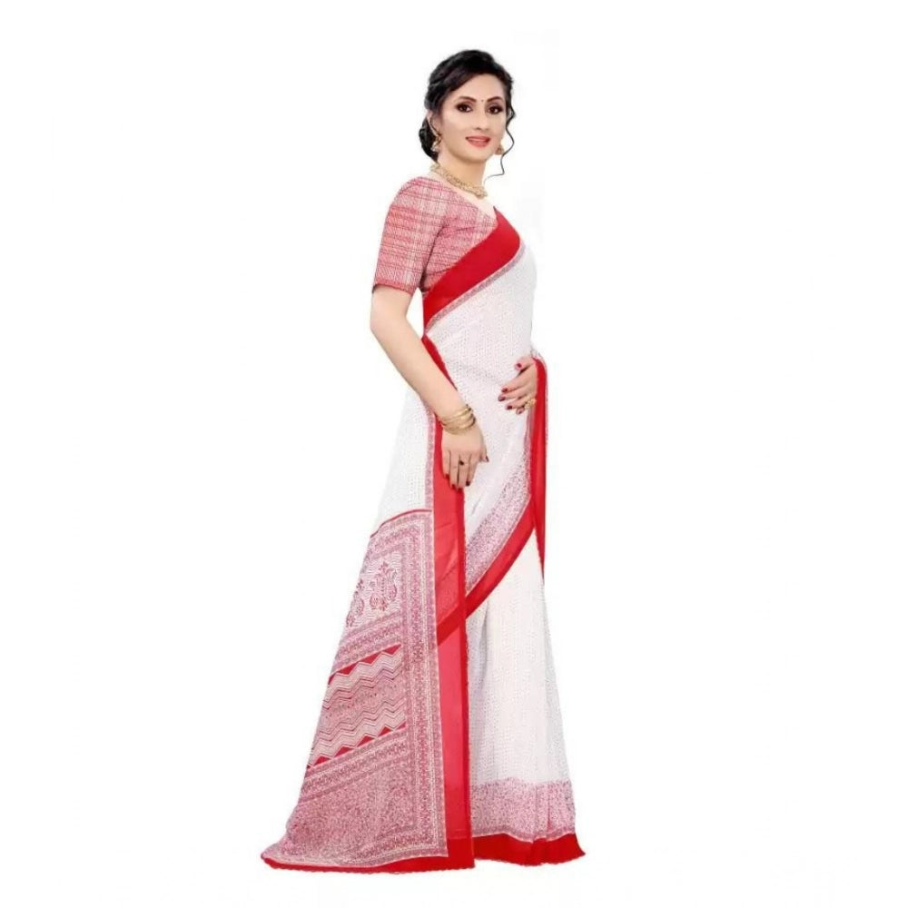 Women's Georgette Printed Saree With Unstitched Blouse (Red) - VANSHELLE