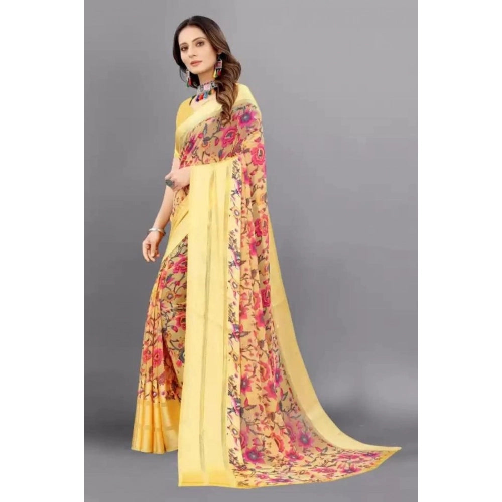 Women's Satin Patta Printed Saree With Unstitched Blouse (Yellow) - VANSHELLE