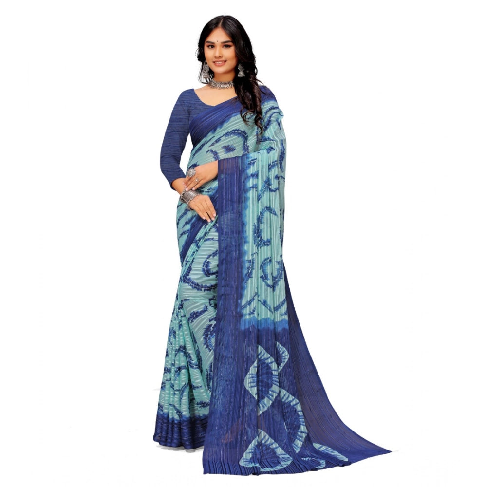 Women's Georgette Printed Saree With Unstitched Blouse (Blue) - VANSHELLE
