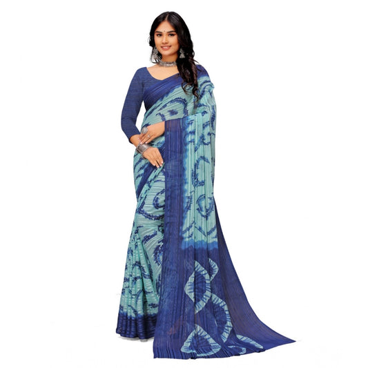 Women's Georgette Printed Saree With Unstitched Blouse (Blue) - VANSHELLE